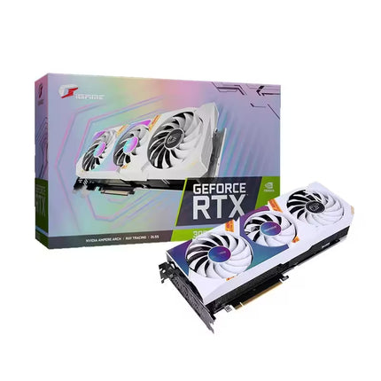 GeForce RTX graphics card with packaging on a white background