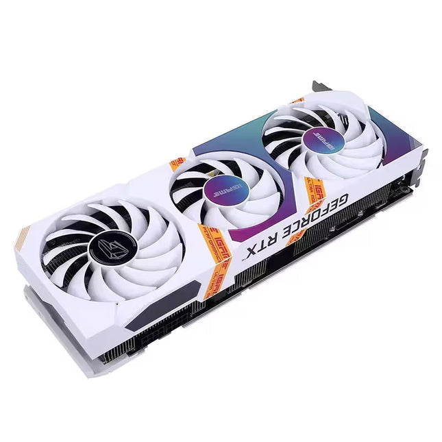 GeForce RTX graphics card with three fans on a white background