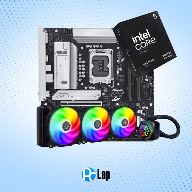An ASUS PRIME B860M-A-CSM motherboard shown with an Intel Core Ultra 5 processor and three RGB-lit cooling fans on a light blue dotted background. The logo 'PC Lap' appears at the bottom.