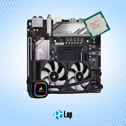 A Gigabyte Z390 AORUS PRO WIFI motherboard shown with an Intel Core i7-9700K CPU and a Corsair Hydro Series liquid CPU cooler with dual RGB fans, set against a light blue dotted background with a PoLap logo.