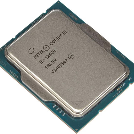 Intel Core i5-12500 desktop processor viewed from an angle, showing the metallic integrated heat spreader (IHS) etched with "INTEL CORE i5-12500" and spec codes, mounted on a teal green substrate PCB.   