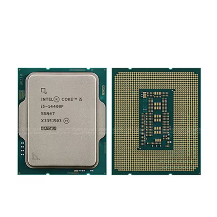 Front and back view of an Intel Core i5-14400F processor showing its metal heat spreader and LGA contact pad grid.