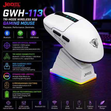Jedel GWH-113 tri-mode wireless RGB gaming mouse in white, displayed on its matching white charging dock with RGB lighting. The image features a dark gaming-themed background with purple and blue lighting, accompanied by a detailed feature list on the left.