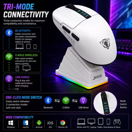A white JEDZL tri-mode wireless gaming mouse shown on its charging stand against a dark purple neon background, with feature callouts for Bluetooth, 2.4GHz wireless, USB wired, one-click mode switch, and wide compatibility.