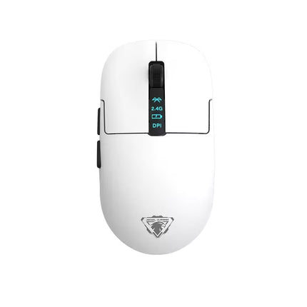 A white wireless gaming mouse with a black scroll wheel and a silver triangular logo on the bottom, shown from a top-down view on a white background.
