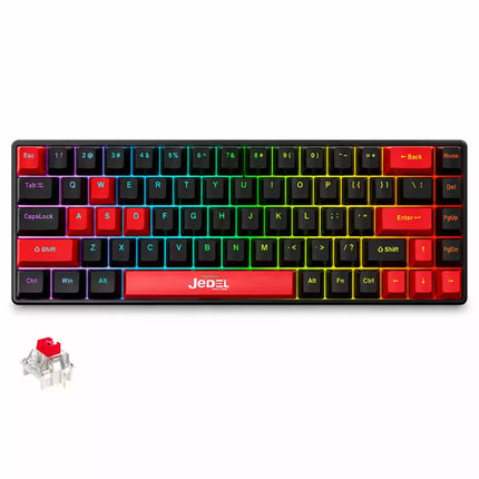 A compact mechanical keyboard with a black frame and RGB rainbow backlighting, featuring red and black keycaps, shown on a white background with a small inset of a red switch.