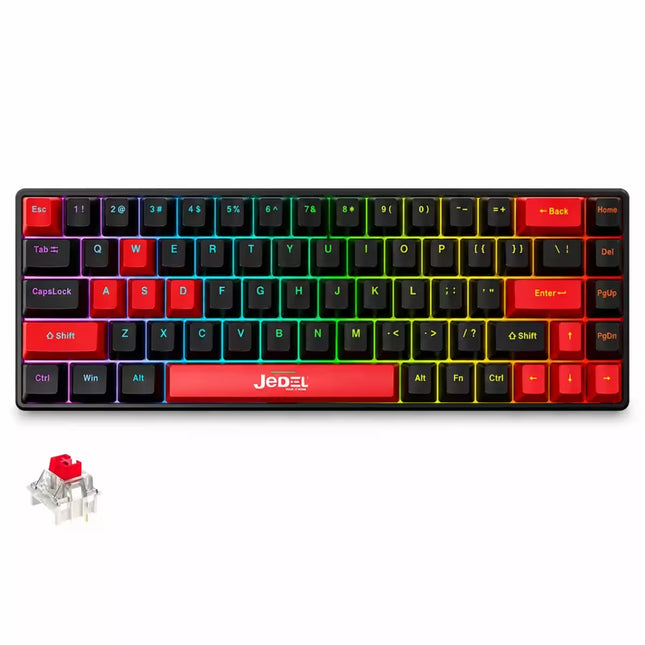 A compact mechanical keyboard with a black frame and RGB rainbow backlighting, featuring red and black keycaps, shown on a white background with a small inset of a red switch.