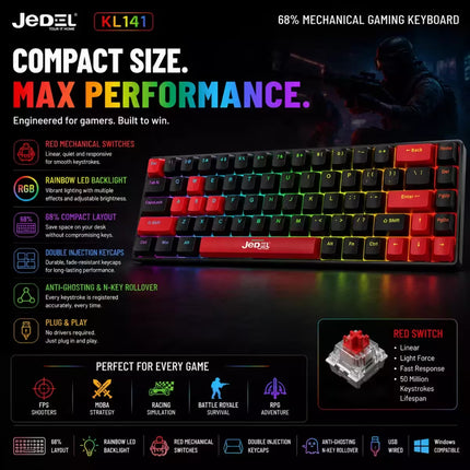 Jedol KL141 68% mechanical gaming keyboard in red and black, shown on a dark promotional background with feature callouts and icons.