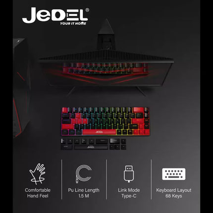 Jedel mechanical keyboard with RGB backlighting, shown with a monitor and mouse on a dark background with feature icons and text.