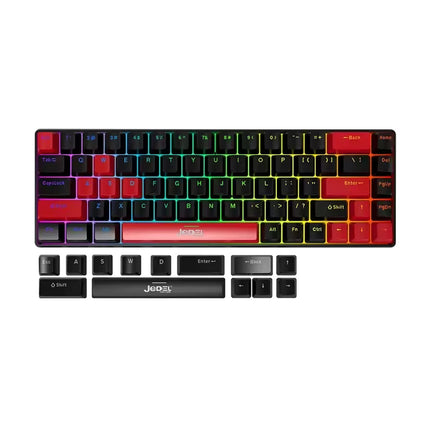 A compact mechanical keyboard with a black body and a vibrant rainbow gradient backlighting, shown with its matching black keycap set below on a plain white background.