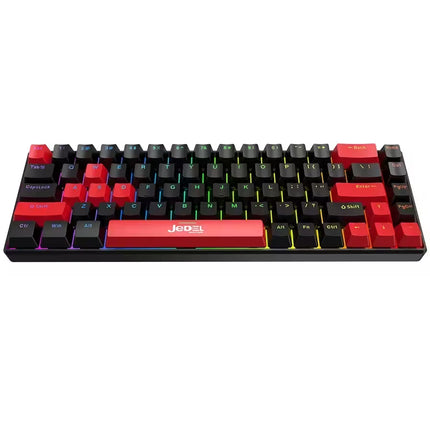 A 75% mechanical gaming keyboard with a black chassis, red and black keycaps, and RGB backlighting, shown from a top-down perspective on a white background.