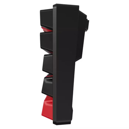 Black and red traffic light-style switch on a white background