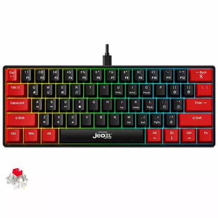A compact mechanical keyboard with a black base and colorful RGB backlighting, featuring red modifier keys and a JEDEL logo on the bottom plate. A small inset image in the lower-left corner shows a close-up of a red switch with a black stem, likely representing the keycap or switch detail.