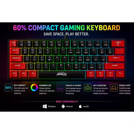 JedeL 60% compact gaming keyboard shown on a black background with colorful RGB backlighting and feature callouts below.