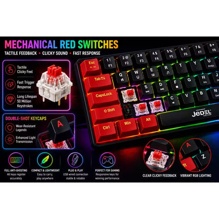 Jedel mechanical keyboard featuring red switches and RGB backlighting, with callout panels explaining tactile feedback, double-shot keycaps, and light transmission on a dark background.