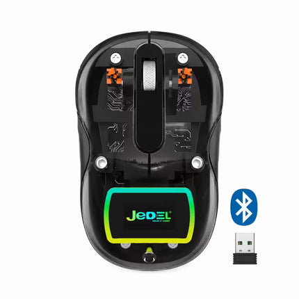 A black wireless computer mouse shown from the bottom, revealing the internal circuitry and scroll wheel. The bottom center features a green and blue JelDEL logo plate, and the image includes a blue Bluetooth symbol and a small USB receiver on the right against a white background.
