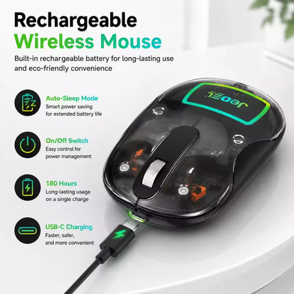 A rechargeable wireless mouse shown on a white surface with promotional text and feature icons. The mouse is black with a glossy finish and a green illuminated display on top, connected by a black cable.