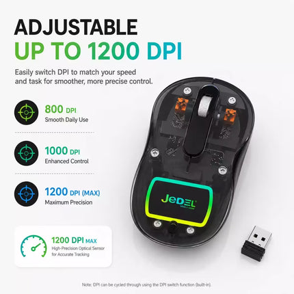 A black Jedel optical mouse with a transparent shell and a green-lit logo, shown alongside a small USB receiver on a white background with feature text and DPI callouts.