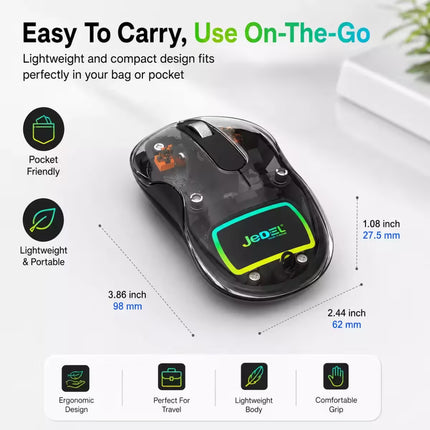 A transparent black wireless gaming mouse with a green and yellow LED logo, shown with dimension lines and text highlighting its pocket-friendly, lightweight, and ergonomic design.