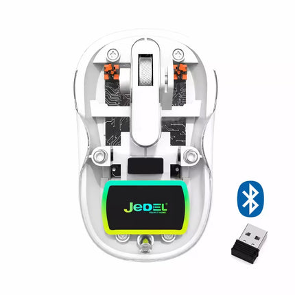 White wireless gaming mouse shown from the underside to reveal internal components, with a green and black JEDZL logo plate, a small USB receiver, and a Bluetooth symbol on a white background.