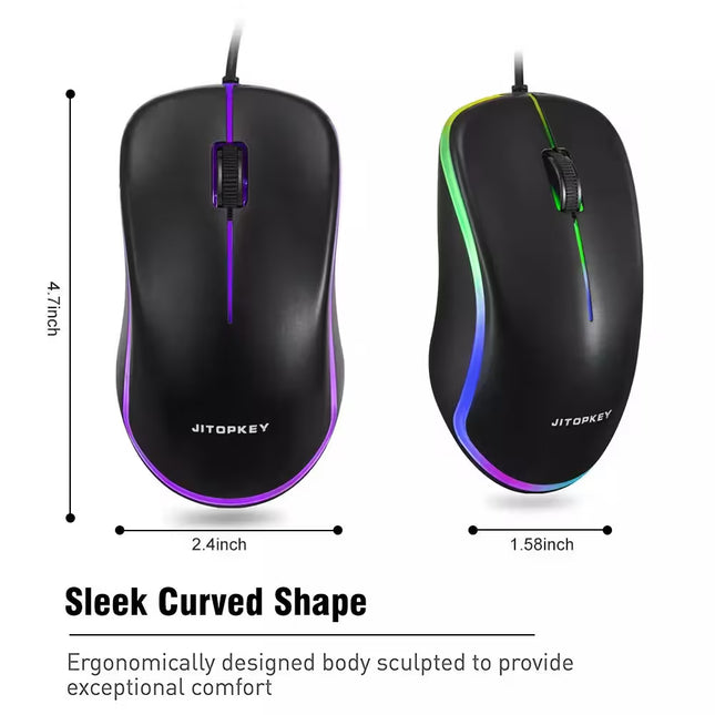 Two ergonomic computer mice with colorful lighting, labeled 'JITOPKEY', on a white background.