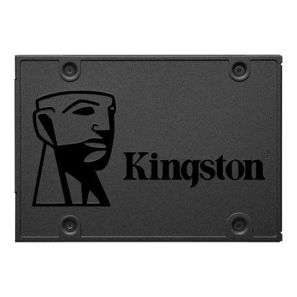 Front view of a Kingston 2.5-inch SATA SSD with a matte black metal enclosure and the Kingston logo prominently embossed on the surface, isolated on a white background.