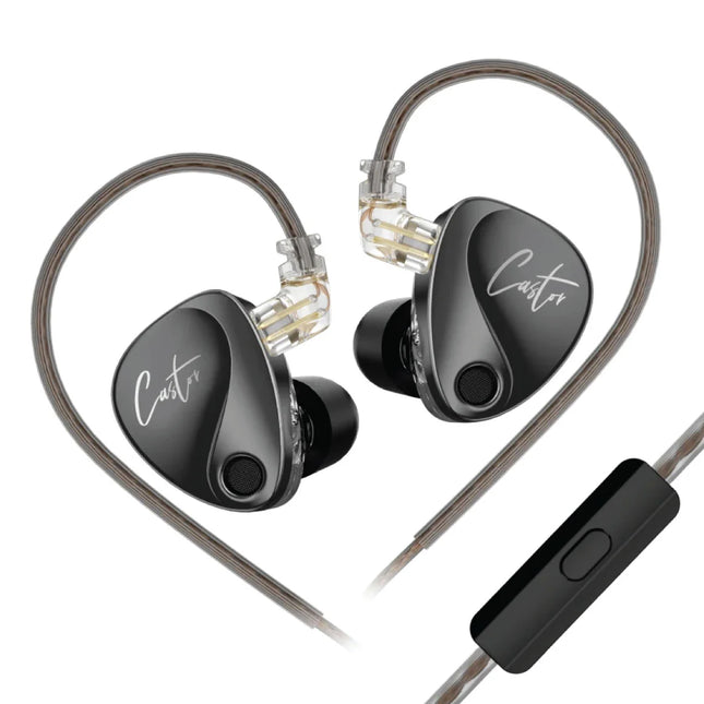 Pair of black in-ear headphones with a control unit on a white background