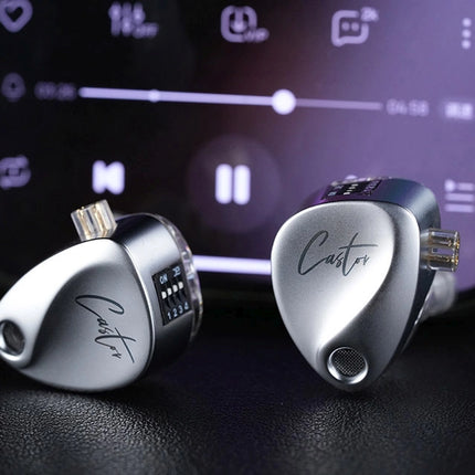 Pair of Castor earbuds with a smartphone displaying music controls in the background.
