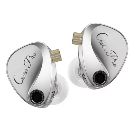 A pair of KZ Castor Pro in-ear monitors in silver metallic finish with clear silicone ear tips against a white background."