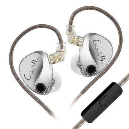 "KZ Castor Pro silver in-ear monitors with detachable audio cable and inline microphone control."   