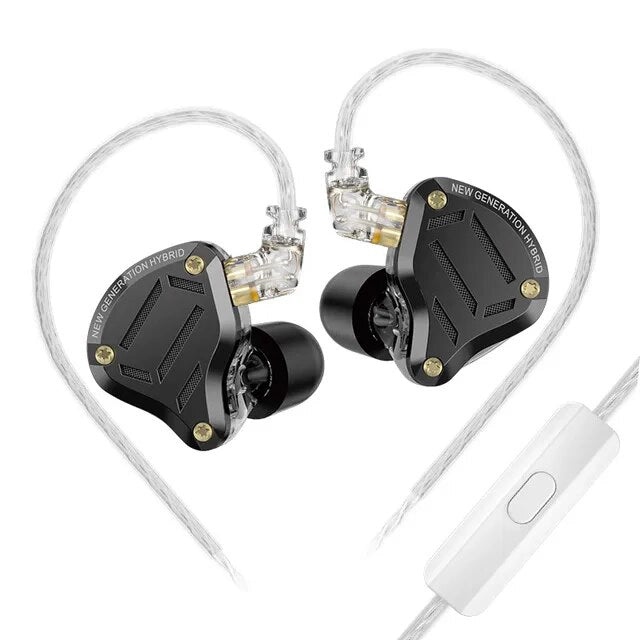 Pair of high-fidelity earphones with a white cable on a white background