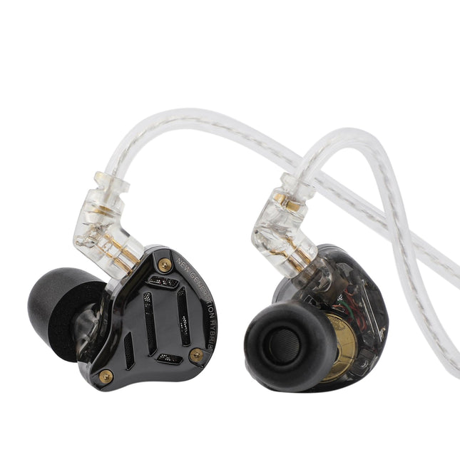 Pair of in-ear headphones with clear cables on a white background