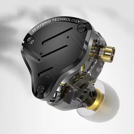Rendering of a black and transparent hybrid in-ear monitor (IEM), showcasing its internal components. Features include a detailed metal faceplate with '10 HYBRID TECHNOLOGY' text, visible multi-layered internal drivers, a gold connector and nozzle tip, and a white silicone ear tip.