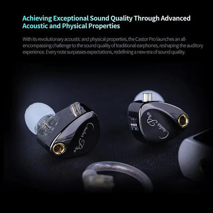 Promotional graphic showing a pair of glossy black KZ Castor Pro in-ear monitors with script branding, gold ports, and physical tuning switches against a dark background with header text.