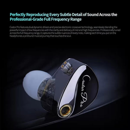 Promotional graphic showing a pair of glossy black KZ Castor Pro in-ear monitors with script branding, gold ports, and physical tuning switches against a dark background with header text.