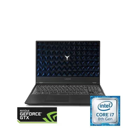 Laptop with Intel Core i7 8th Gen and NVIDIA GeForce GTX graphics card logos on a white background