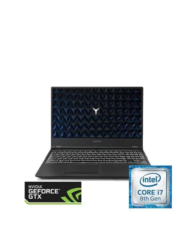 Laptop with Intel Core i7 8th Gen and NVIDIA GeForce GTX graphics card logos on a white background