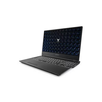 Black laptop with geometric design on screen on a white background