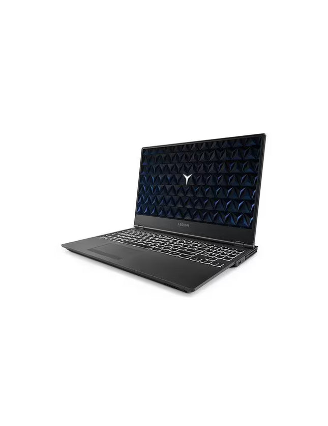 Black laptop with geometric design on screen on a white background