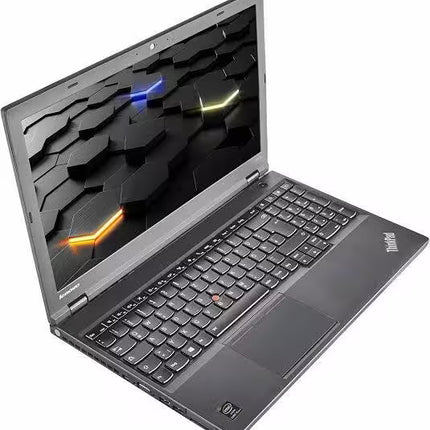 Open Lenovo ThinkPad laptop viewed from an elevated angle, featuring a screen with an abstract dark geometric wallpaper, a keyboard equipped with a red TrackPoint and numeric keypad, and a trackpad on the dark chassis.   