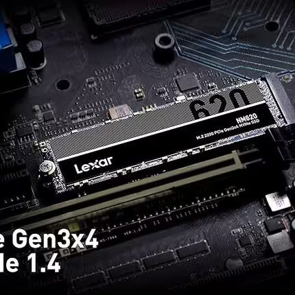 Lexar NM60 PCIe Gen3x4 NVMe SSD shown installed on a dark motherboard, with text overlay reading 'PCIe Gen3x4 NVMe 1.4'.