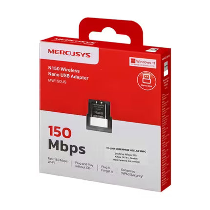 MERCUSYS N150 Wireless Nano USB Adapter MW150US retail packaging box, featuring a red and white design with a cutout handle, set against a plain white background.