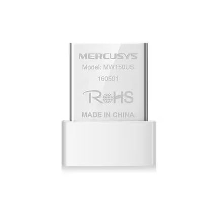 A close-up product shot of a white MERCUSYS MW150US Nano USB Adapter against a clean white background. The metallic USB connector is laser-engraved with the brand name "MERCUSYS"