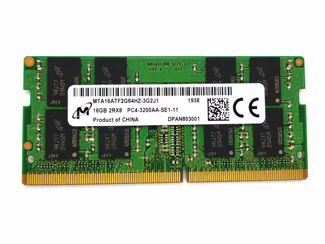 A green SODIMM RAM memory module with gold-plated contacts and a white barcode label in the center, photographed on a plain white background.