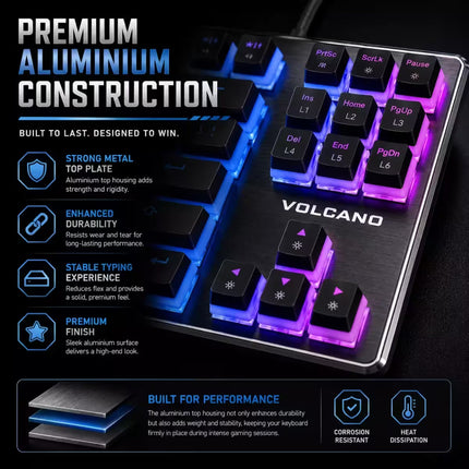 A promotional graphic for a mechanical keyboard labeled VOLCANO, showing a black aluminum keyboard with glowing blue and purple RGB backlighting. Large text reads 'PREMIUM ALUMINUM CONSTRUCTION' and includes feature callouts like strong metal top plate, enhanced durability, stable typing experience, and premium finish.