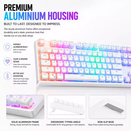 A premium mechanical keyboard with a white aluminum housing and multicolor RGB backlighting, shown on a white background with marketing text and three feature callout panels below.