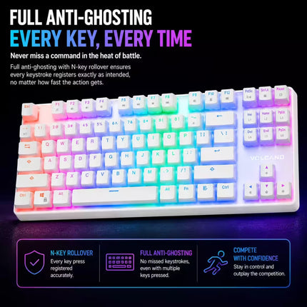 A white mechanical keyboard with multicolor RGB backlighting, shown on a dark background with promotional text and feature callouts for anti-ghosting and N-key rollover.