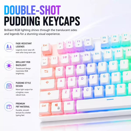 Double-shot pudding keycaps shown on a white mechanical keyboard with RGB backlighting, featuring promotional text highlighting fade-resistant legends, brilliant RGB backlighting, and pudding style design.