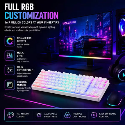 A mechanical keyboard with RGB backlighting is shown in a dark gaming setup alongside a monitor, mouse, and headphones. The keyboard has a white base with multicolor LED lighting across the keys.