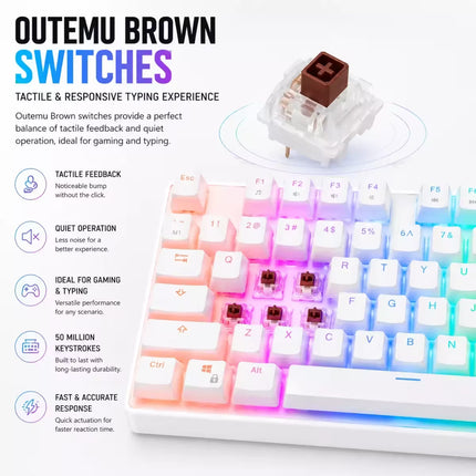 Outemu brown switches shown installed on a white mechanical keyboard with pink and blue RGB backlighting, plus a floating transparent switch module on a clean white background with marketing text.